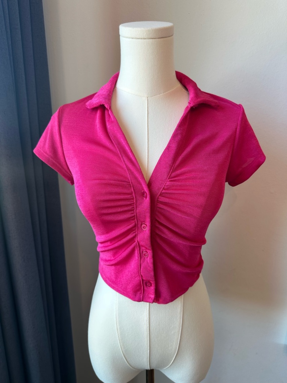 Just Polly Cropped Ruched Polo Button-Up Top - Hot Pink Barbiecore Casual